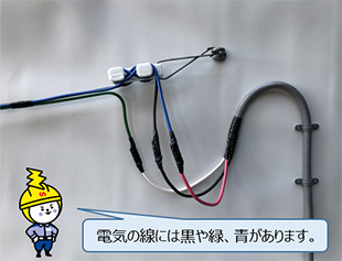 電気の線には黒や緑、青があります。